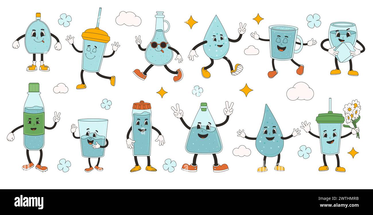 Bottle and glass of water retro cartoon mascots set. Drink rubber hose animation style groovy characters. Beverage cute anthropomorphic. Ecologic and Stock Vector