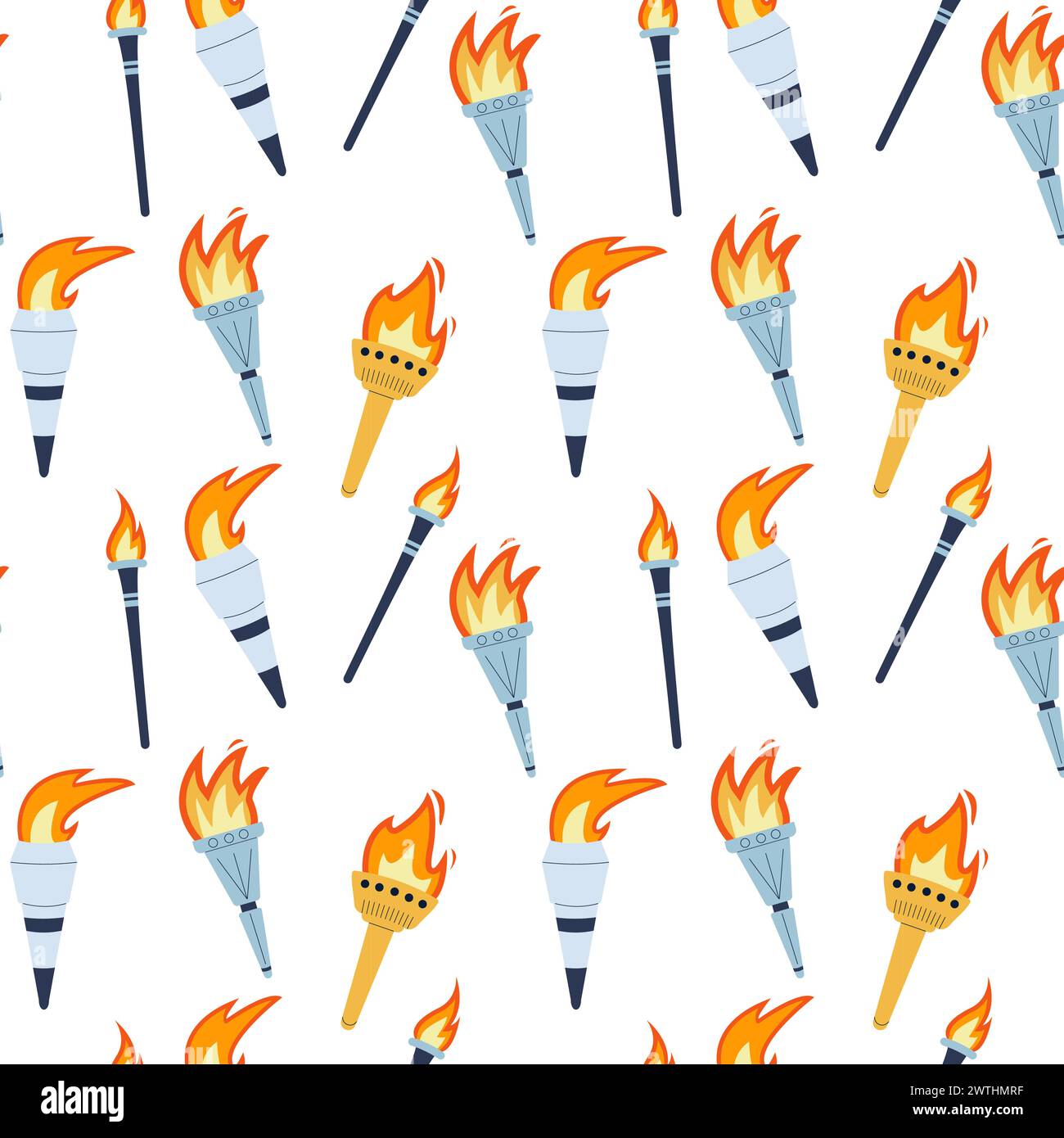 Torches with burning flame seamless pattern. Symbol of sport, games, victory and champion competition endless background. Vector flat illustration rep Stock Vector