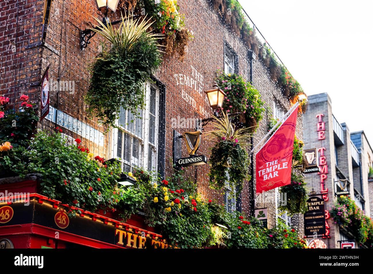 The picturesque wall of well-known Temple Bar Pub on Temple Lane, with flowers and a Guinness vintage sign, Temple Bar district, Dublin Stock Photo