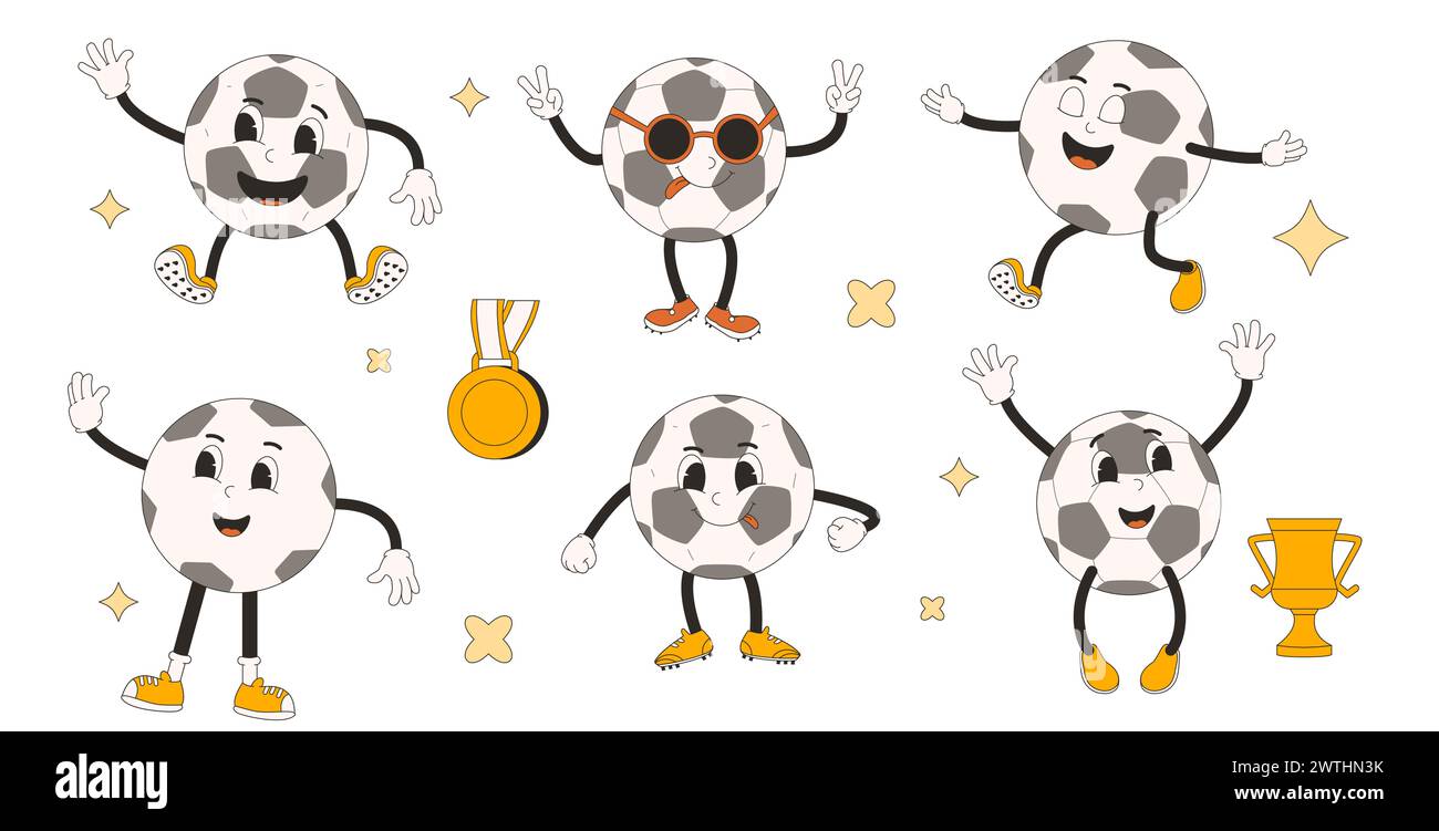 Soccer ball retro comic mascot. Football groovy character. Rubber hose animation style sport game equipment isolated on white background. Vector flat Stock Vector