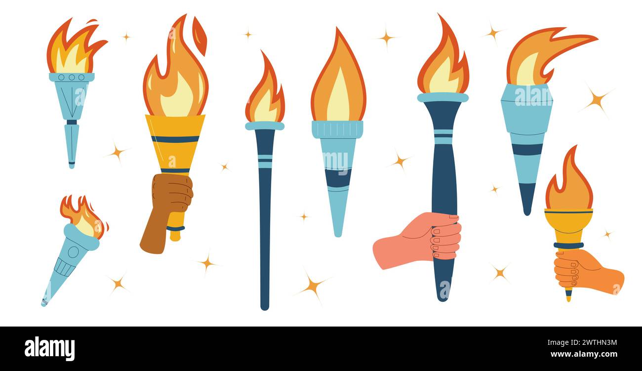 Hands torches with burning flame. Symbol of sport, games, victory and champion competition with different people race palm. Vector flat torch illustra Stock Vector