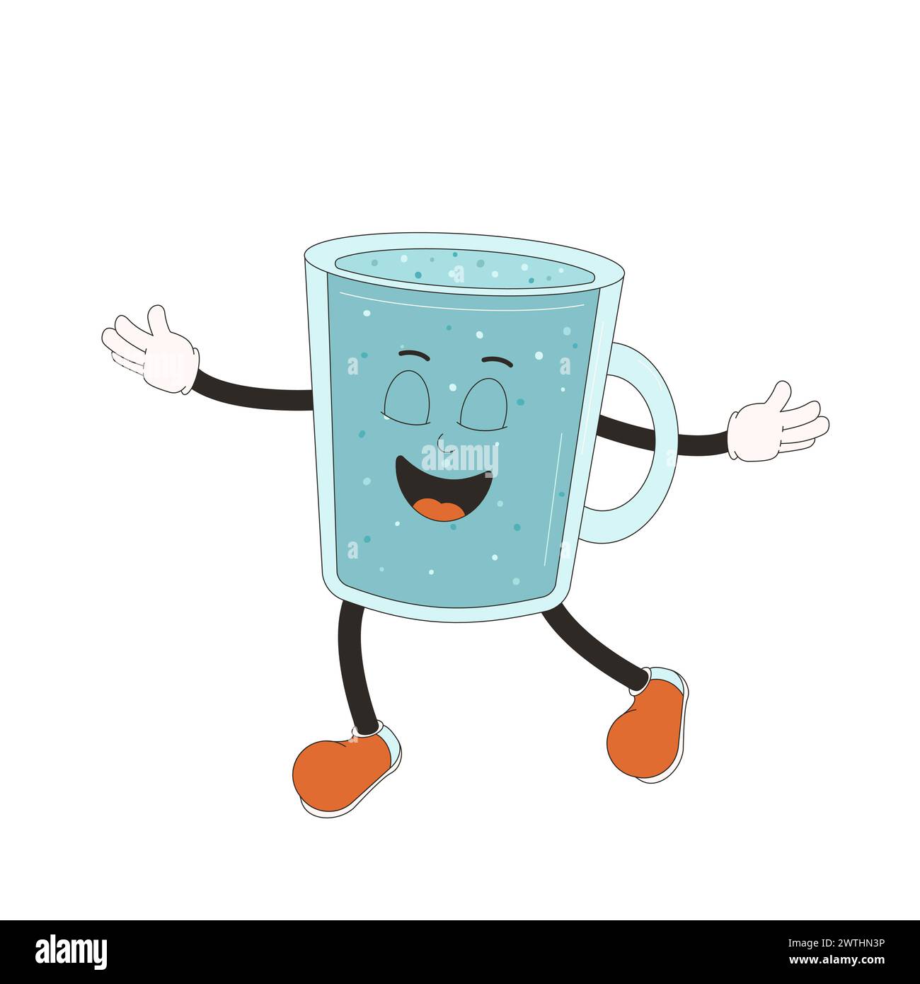 Cup of water retro cartoon mascots. Drink rubber hose animation style groovy characters. Ecologic, healthy life and wellness vector flat illustration Stock Vector