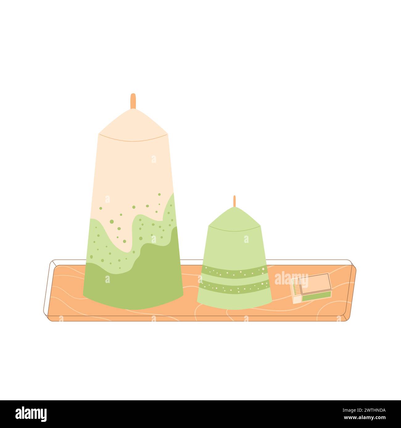 Candles on a wooden stand set. Handmade aromatic candlelight with match ...