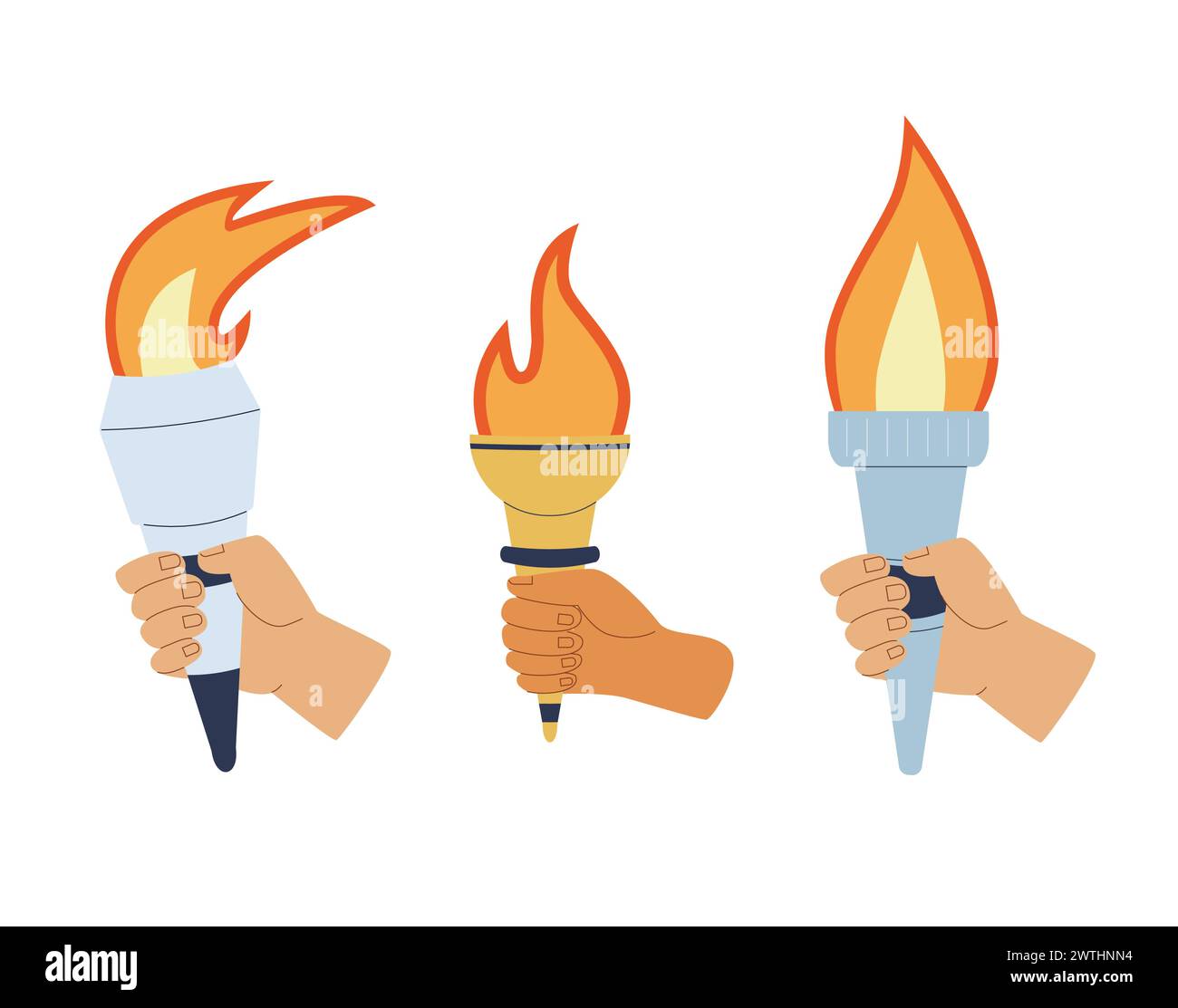 Torches with burning flame in hands. Vector flat illustration isolated on white background. Stock Vector