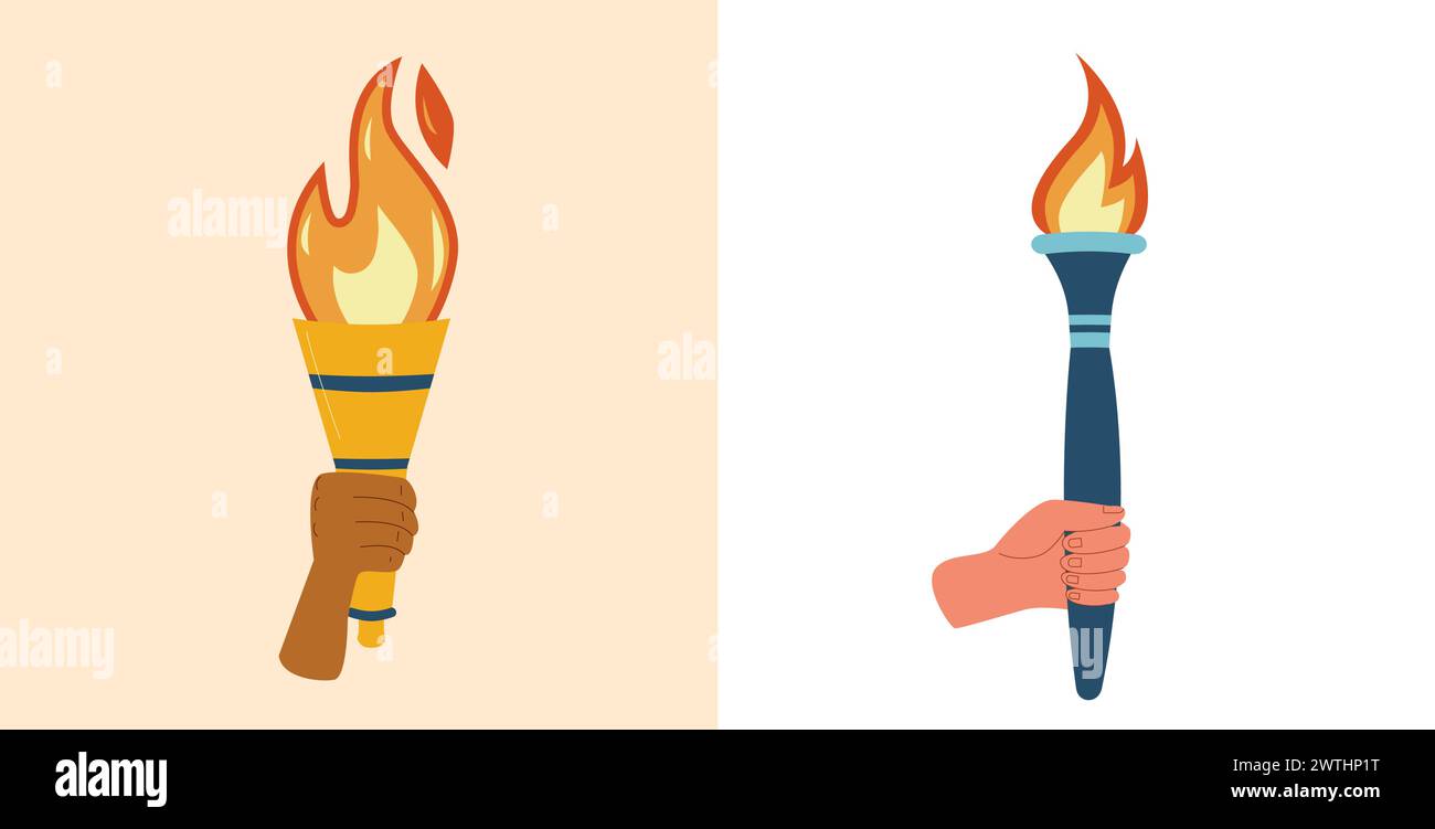 Torches with burning flame in hands. Symbol of sport, games, victory and champion competition with different people race palm. Vector flat illustratio Stock Vector