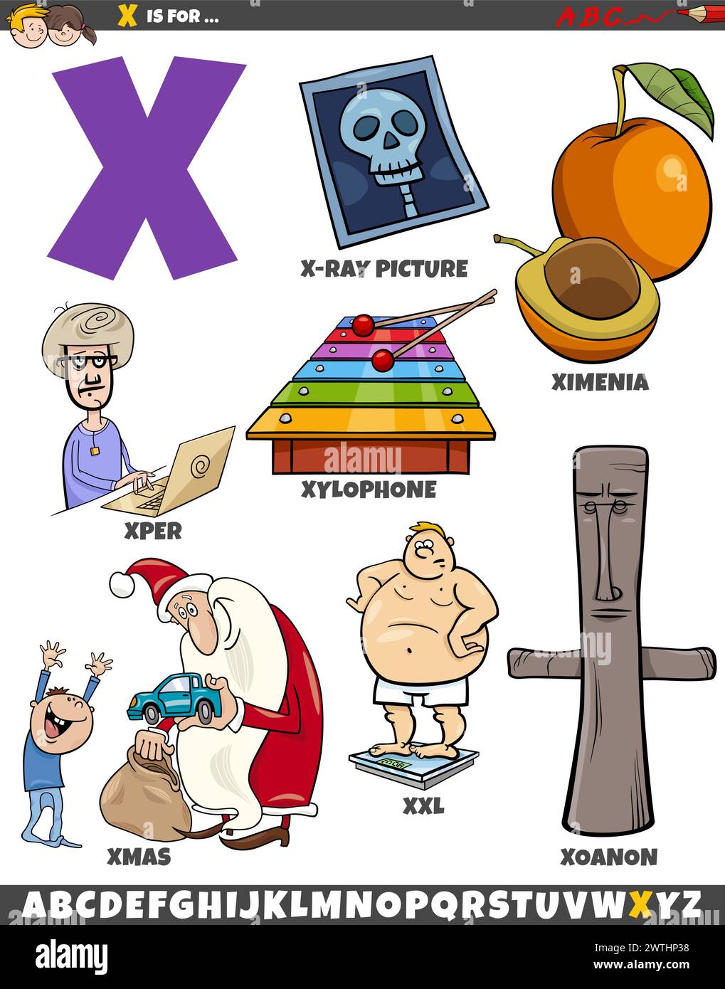 Cartoon illustration of objects and characters set for letter X Stock Vector