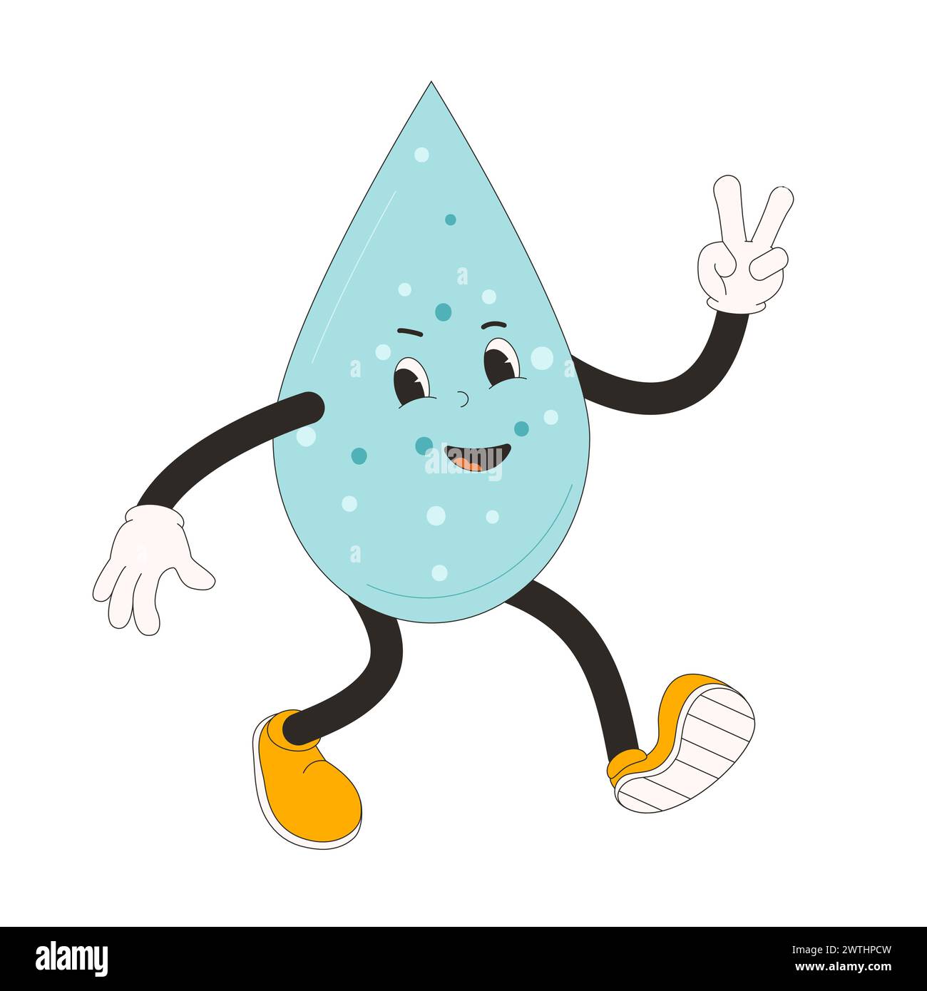 Water drop cartoon mascot. Drink rubber hose animation style groovy character show victory sign. Drink more water. Ecologic and wellness vector flat i Stock Vector