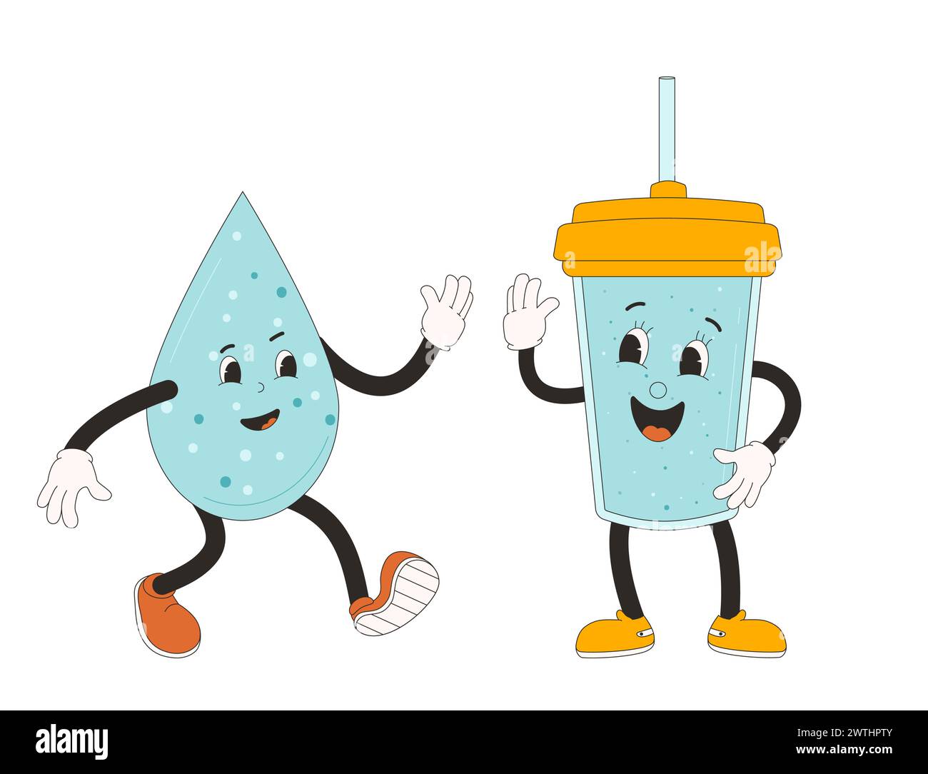 Water drop and glass retro cartoon mascots. Drink rubber hose animation style groovy characters. Drink more water. Ecologic and wellness vector flat i Stock Vector