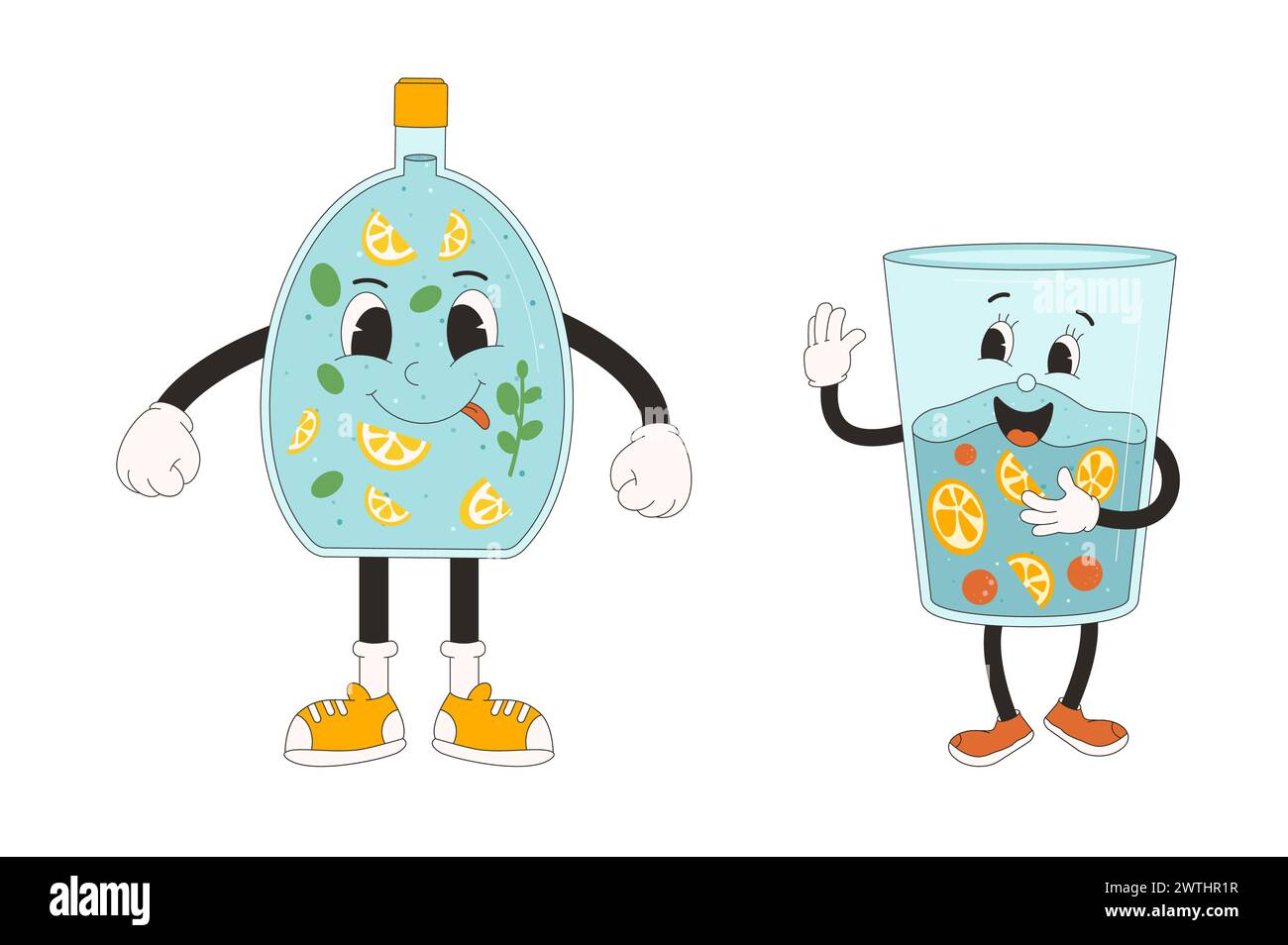 Retro cartoon characters of bottle and glass of citrus water with fruits. Drink rubber hose animation style groovy mascots. Drink more water. Wellness Stock Vector