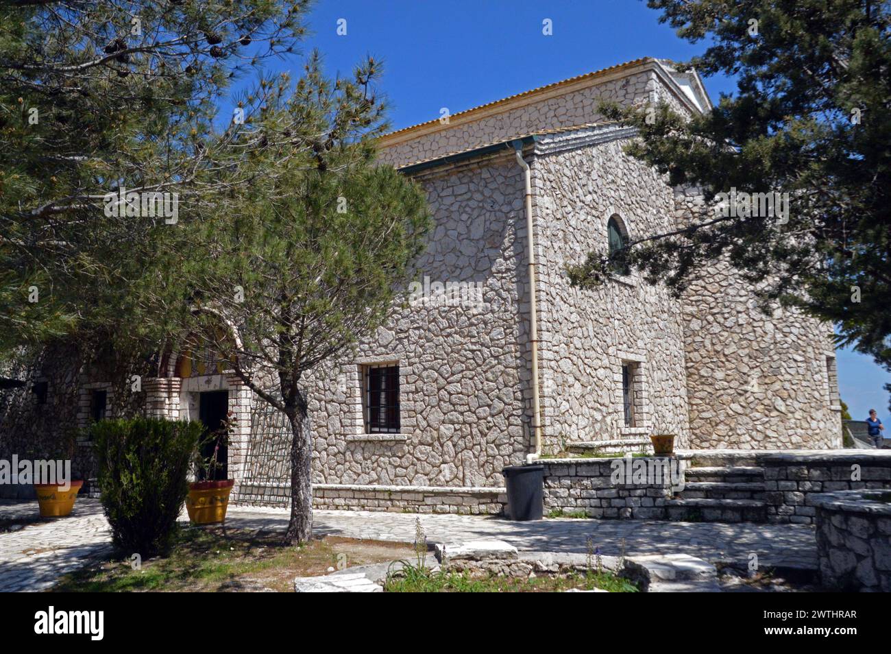 Greece, Island of Corfu, summit of Mount Pantokrator (914 metres):  the Orthodox monastery of Ypsilou Pantokratora, where at present one monk remains Stock Photo