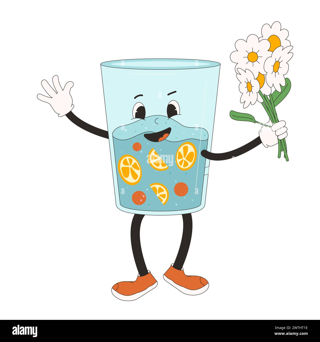 Glass of water retro cartoon mascot. Soft drink rubber hose animation style groovy character with flower bouquet in his hand. Healthy life and wellnes Stock Vector
