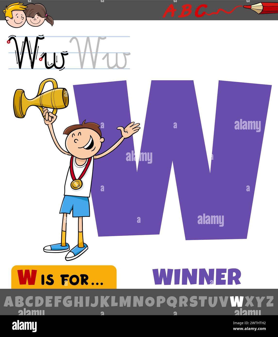 Educational cartoon illustration of letter W from alphabet with winner ...