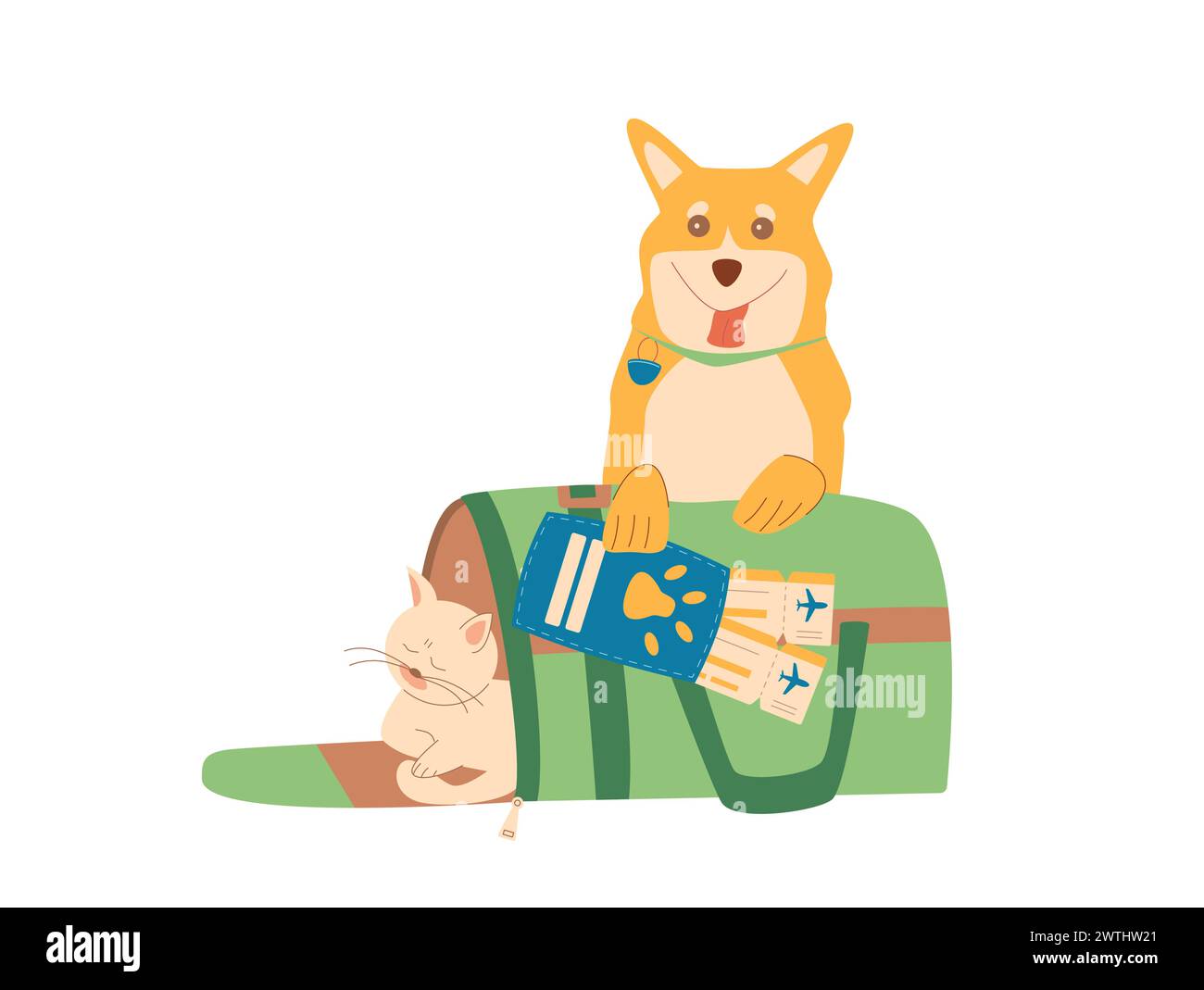 Travel with pets. Cat and dog with passport, flight tickets and pets