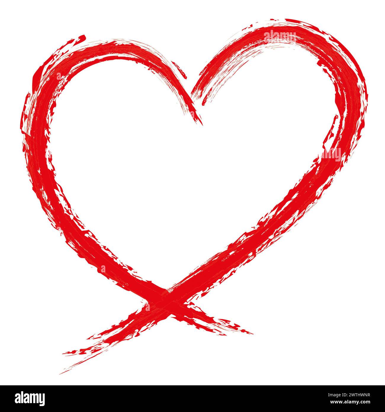 Grunge red love heart made of rough strokes isolated over white background for Valentines Day, wedding or other purpose. Hand drawing. Stock Photo