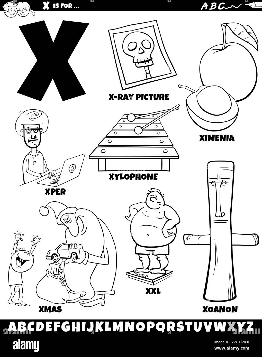 Cartoon illustration of objects and characters set for letter X coloring page Stock Vector