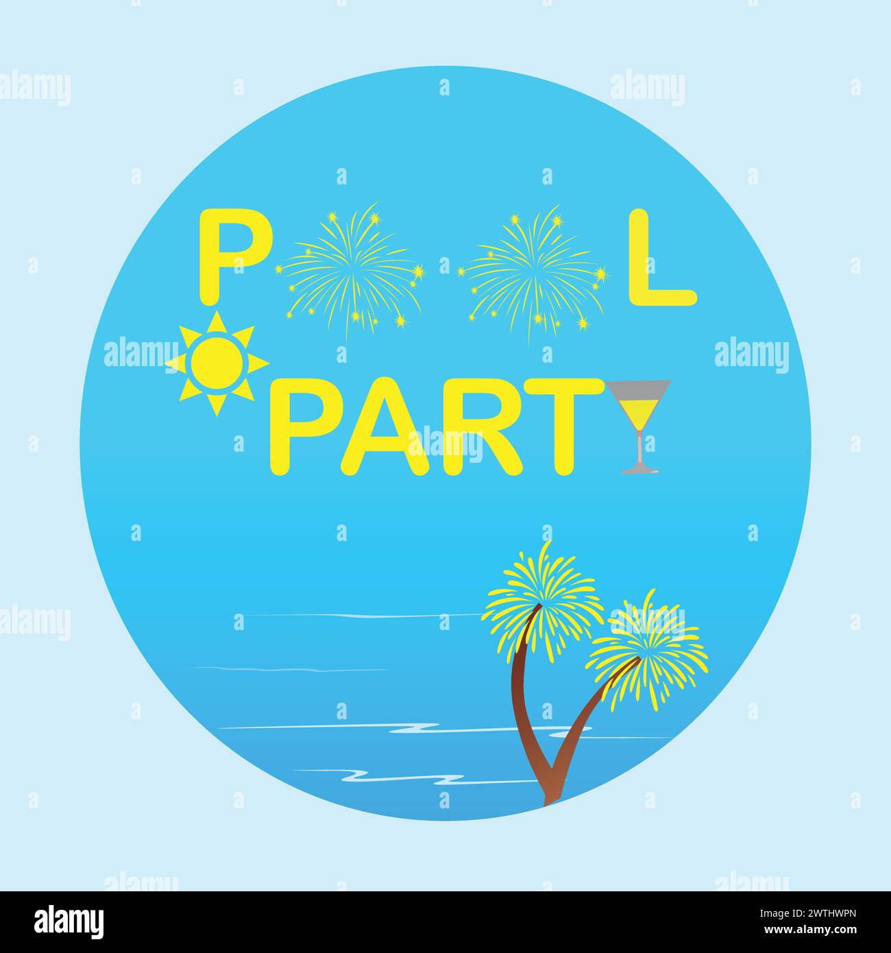 Pool party invitation poster with blue water, fireworks, sun, palm tree