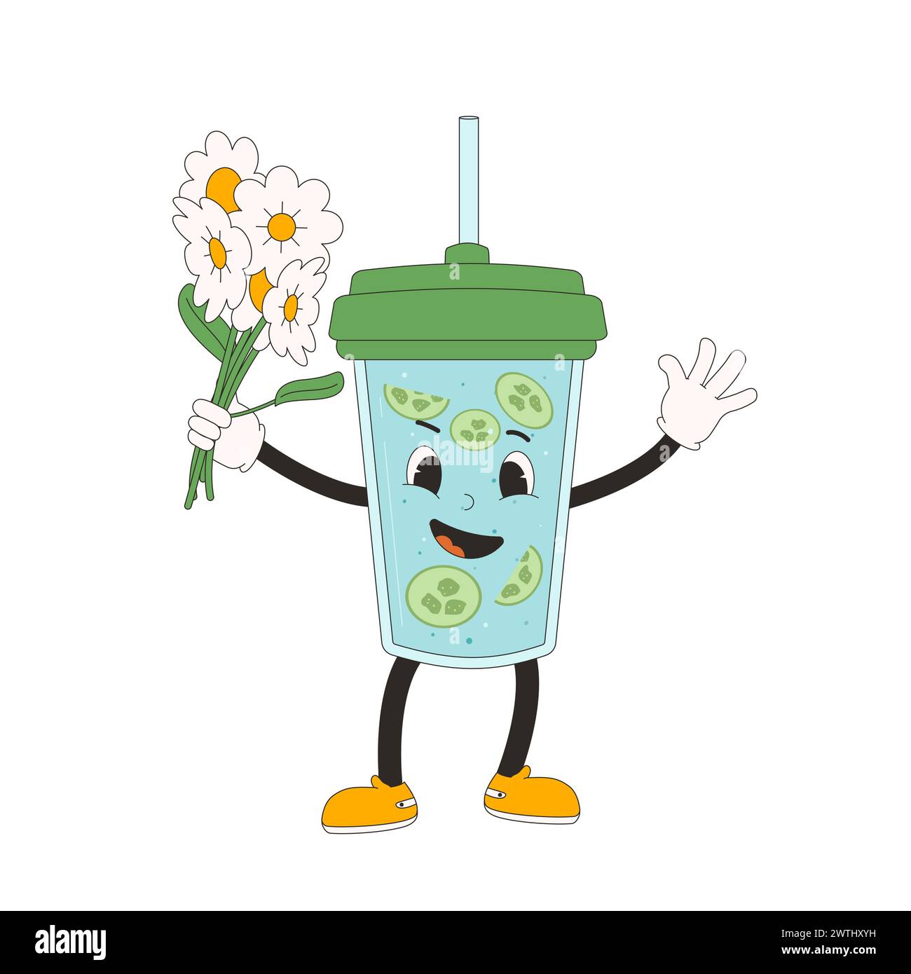 Glass of water with cucumber retro cartoon mascot. Soft drink rubber hose animation style groovy character with flower bouquet in his hand. Healthy li Stock Vector