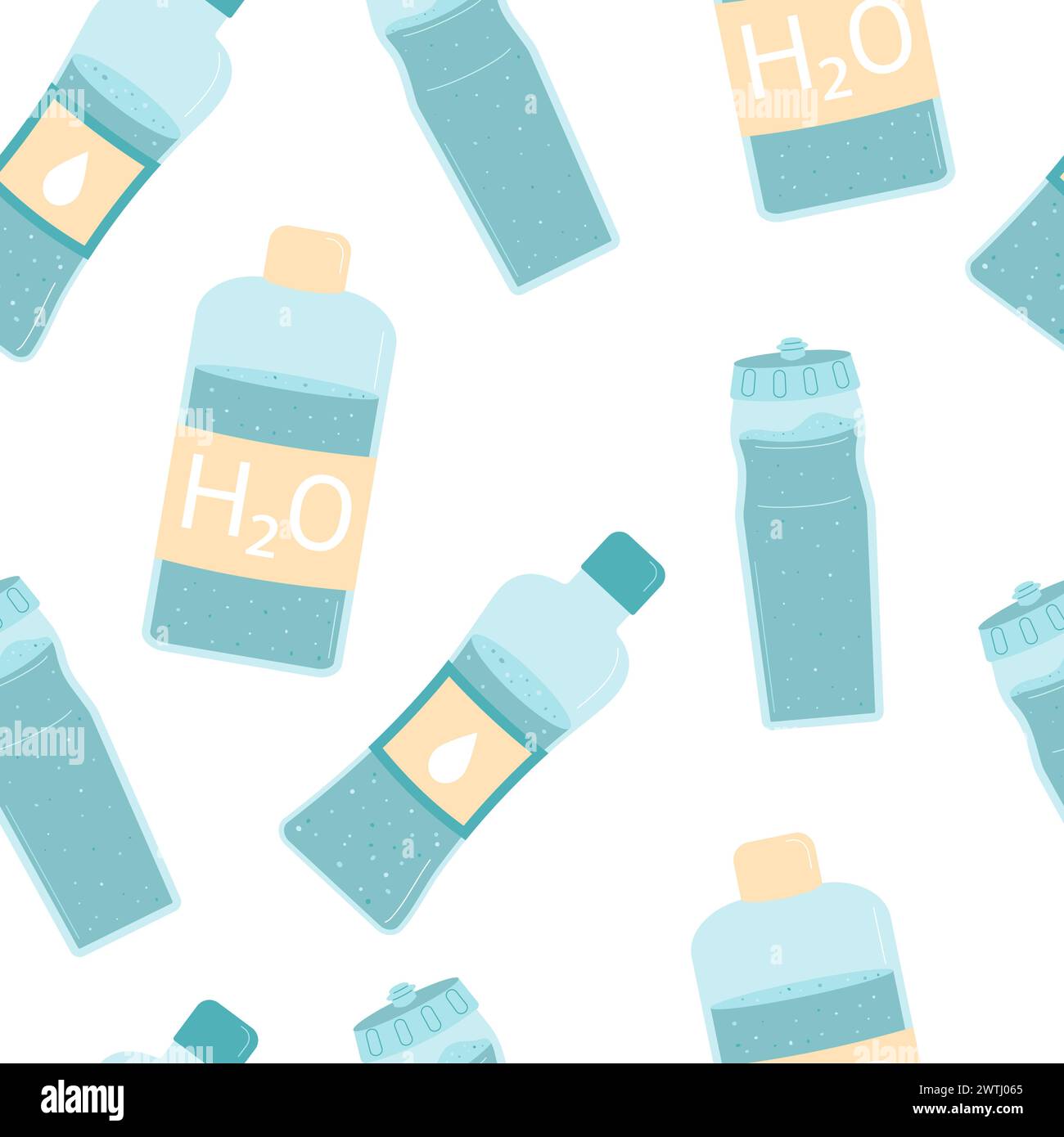 Water bottles seamless pattern. Fresh clean drinks endless background. stay hydrated, healthy lifestyle. Sport shaker cover. Vector flat illustration. Stock Vector