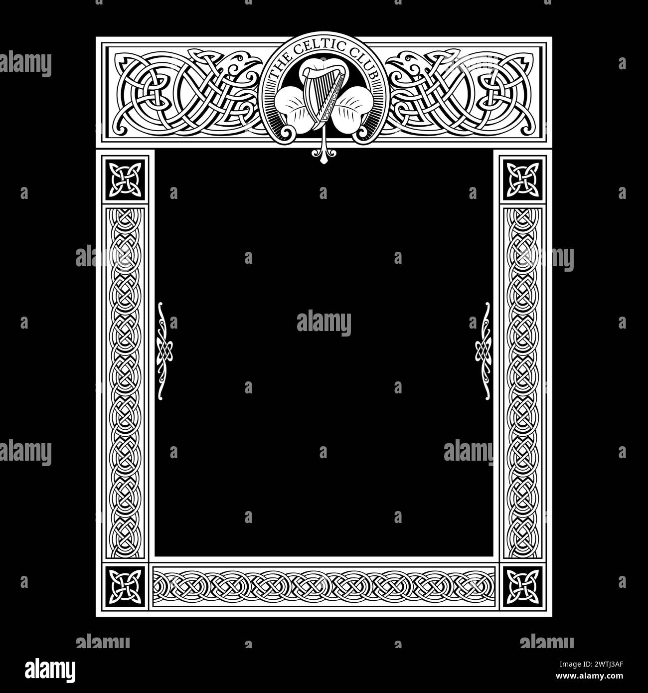 Irish design in vintage, retro style. Frame in the Old Norse Celtic style, isolated on black, vector illustration Stock Vector