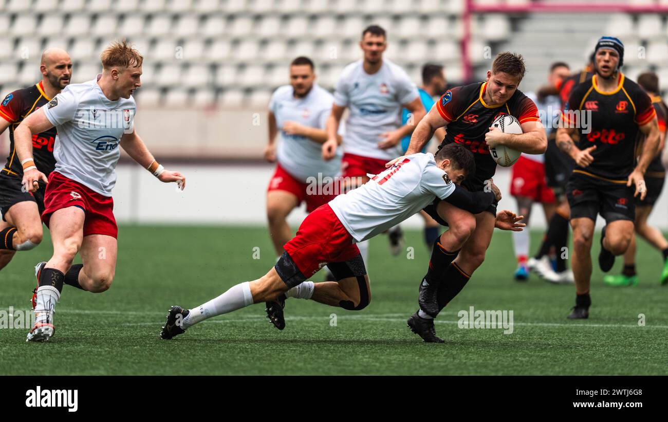 Thomas WALLRAF of Belgium and Sean COLE of Poland during the Rugby Europe Championship 2024 Finals, 7th Place Final, rugby union match between Poland and Belgium on 17 March 2024 at Jean Bouin stadium in Paris, France - Photo Alexandre Martins/DPPI Credit: DPPI Media/Alamy Live News Stock Photo