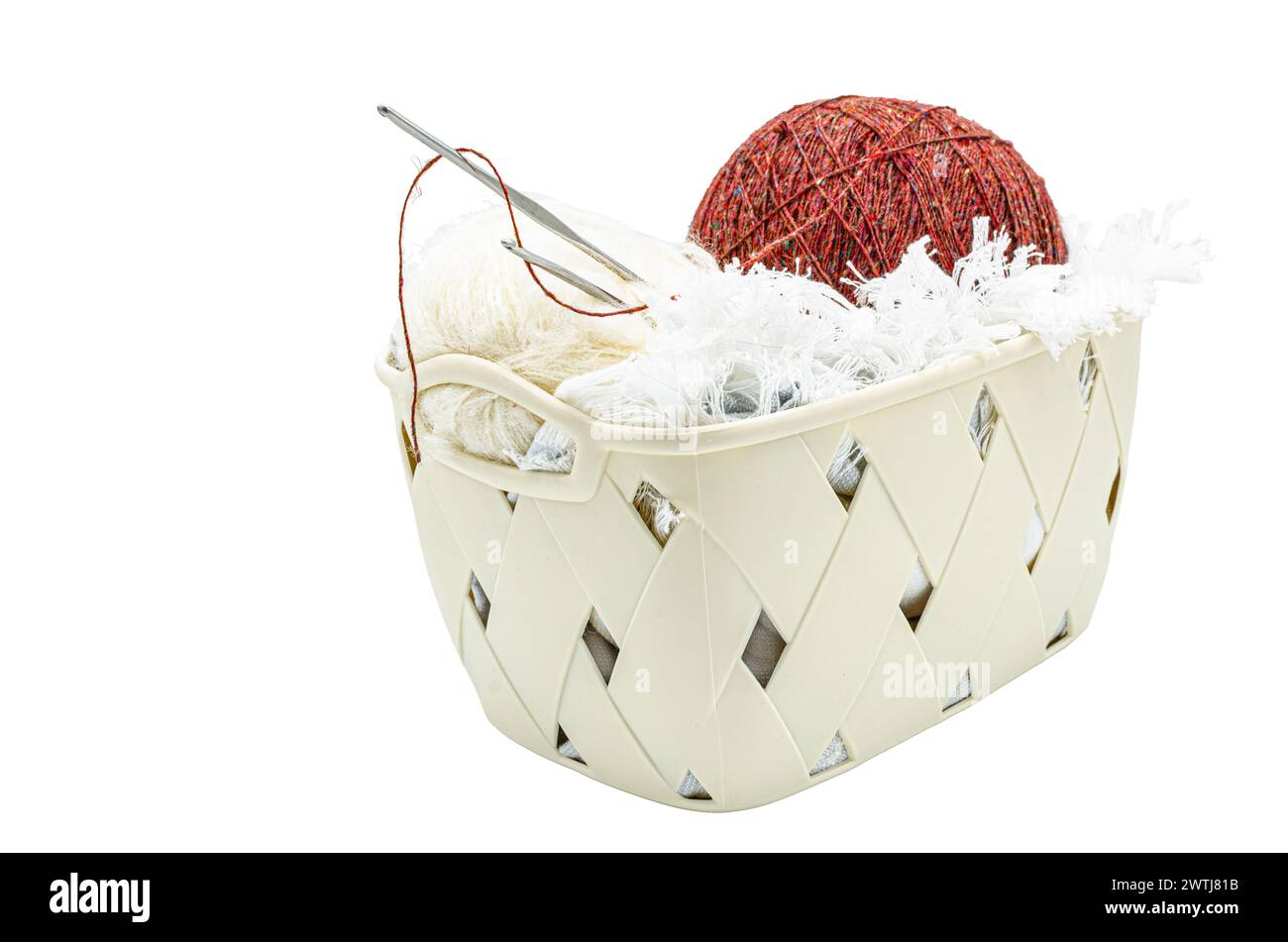Knitting needles and yarn balls in basket, white background Stock Photo ...