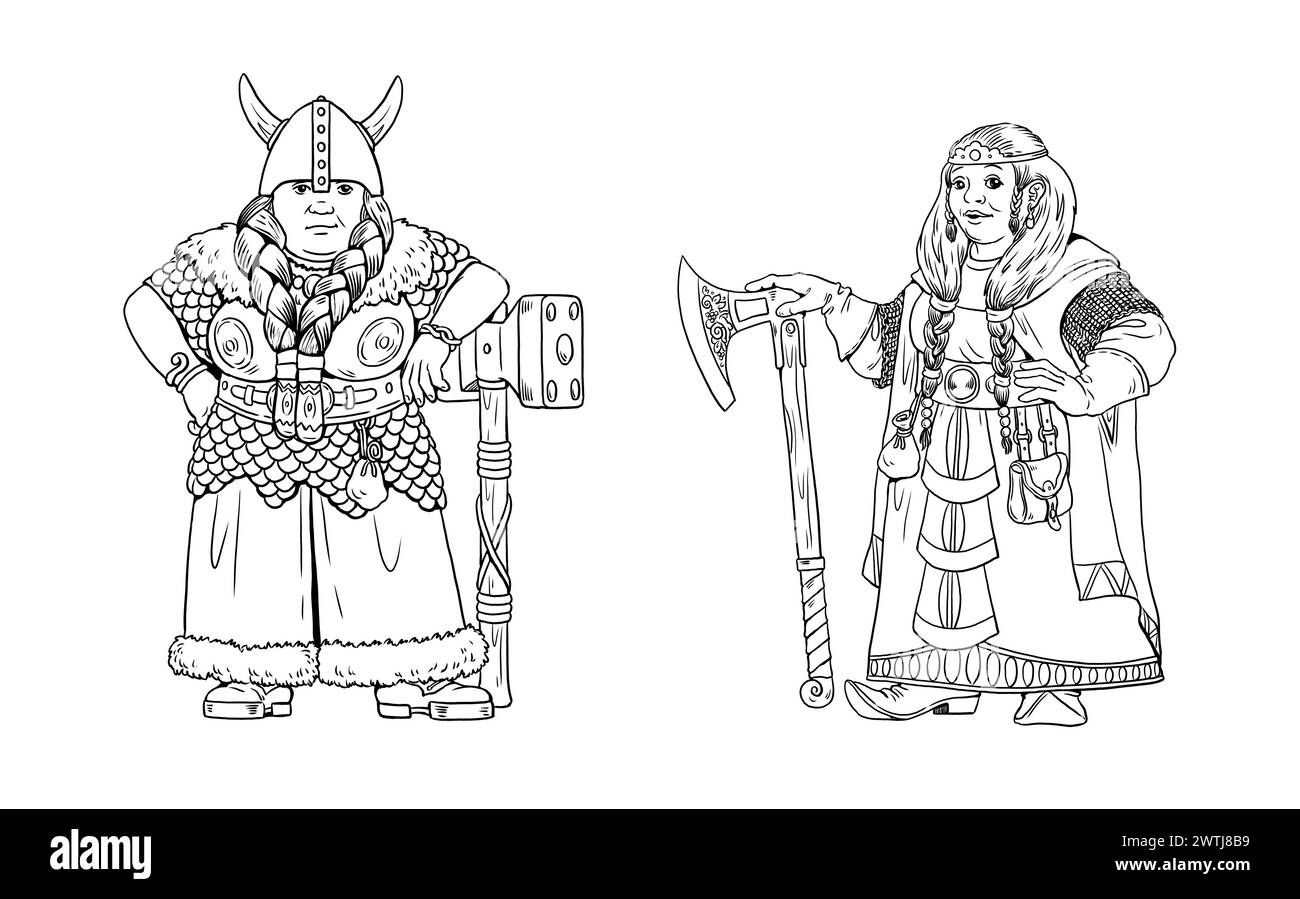 Drawing with two female war dwarves. Funny fantasy characters to color in. Stock Photo