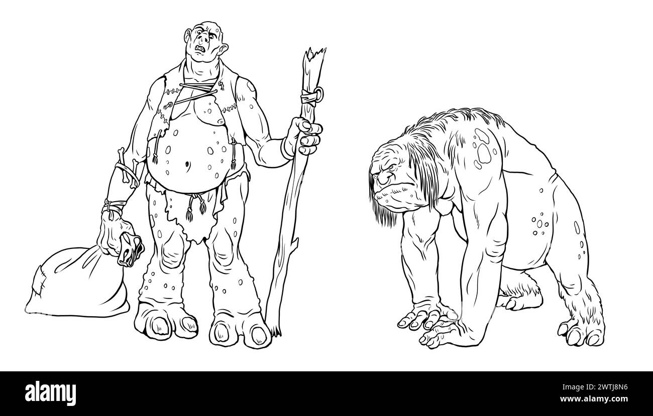 Fantasy trolls drawing. Giant cannibal troll coloring template. Stock Photo