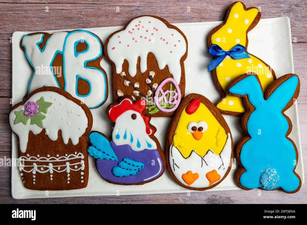 Easter gingerbread cookie on  wooden table. Cookies for Easter Stock Photo