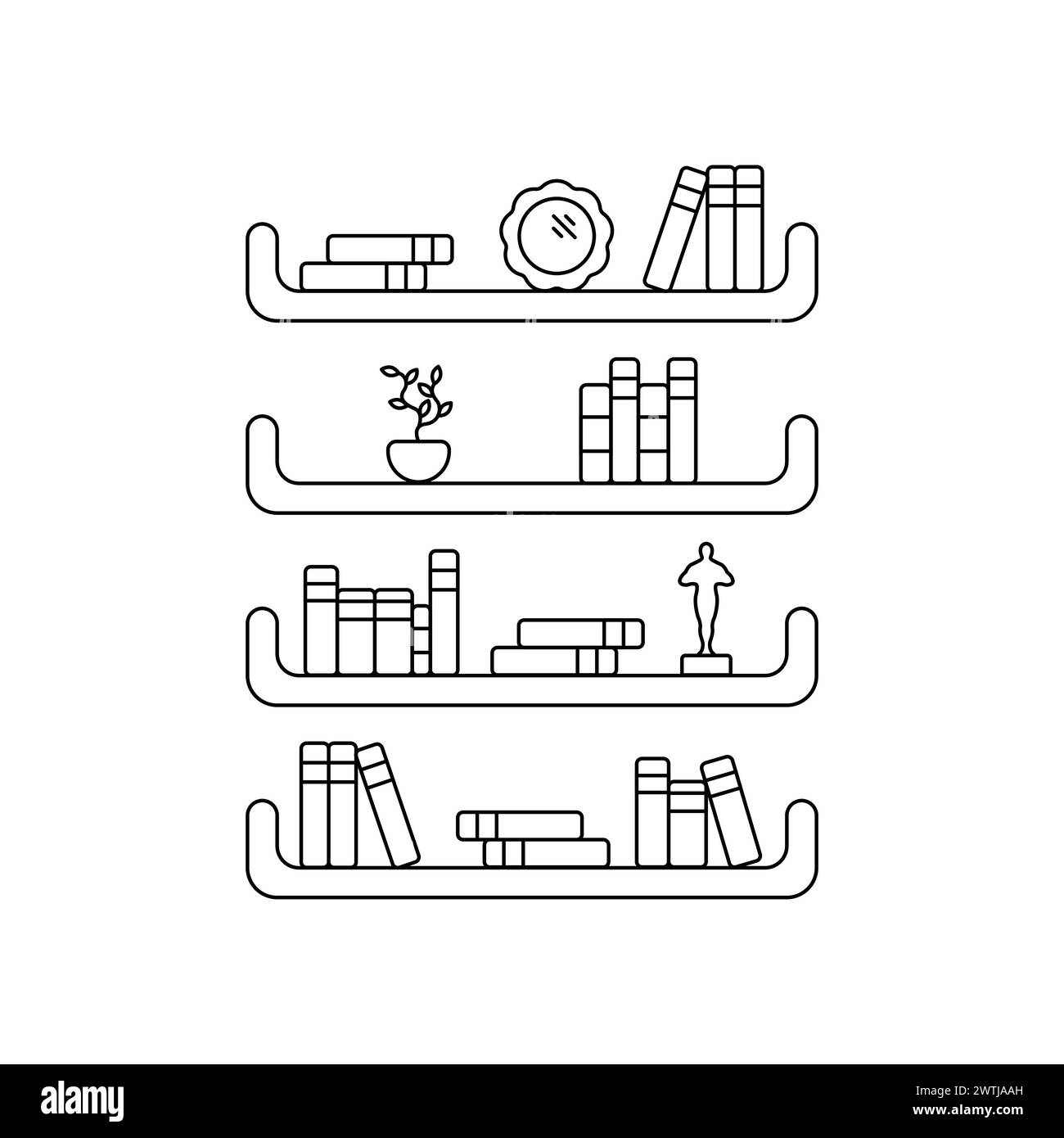 Library vector icon. Cabinet for storing books. Cozy shelves with books. Concept of the linear style of the interior of the library. Furniture shelves Stock Vector