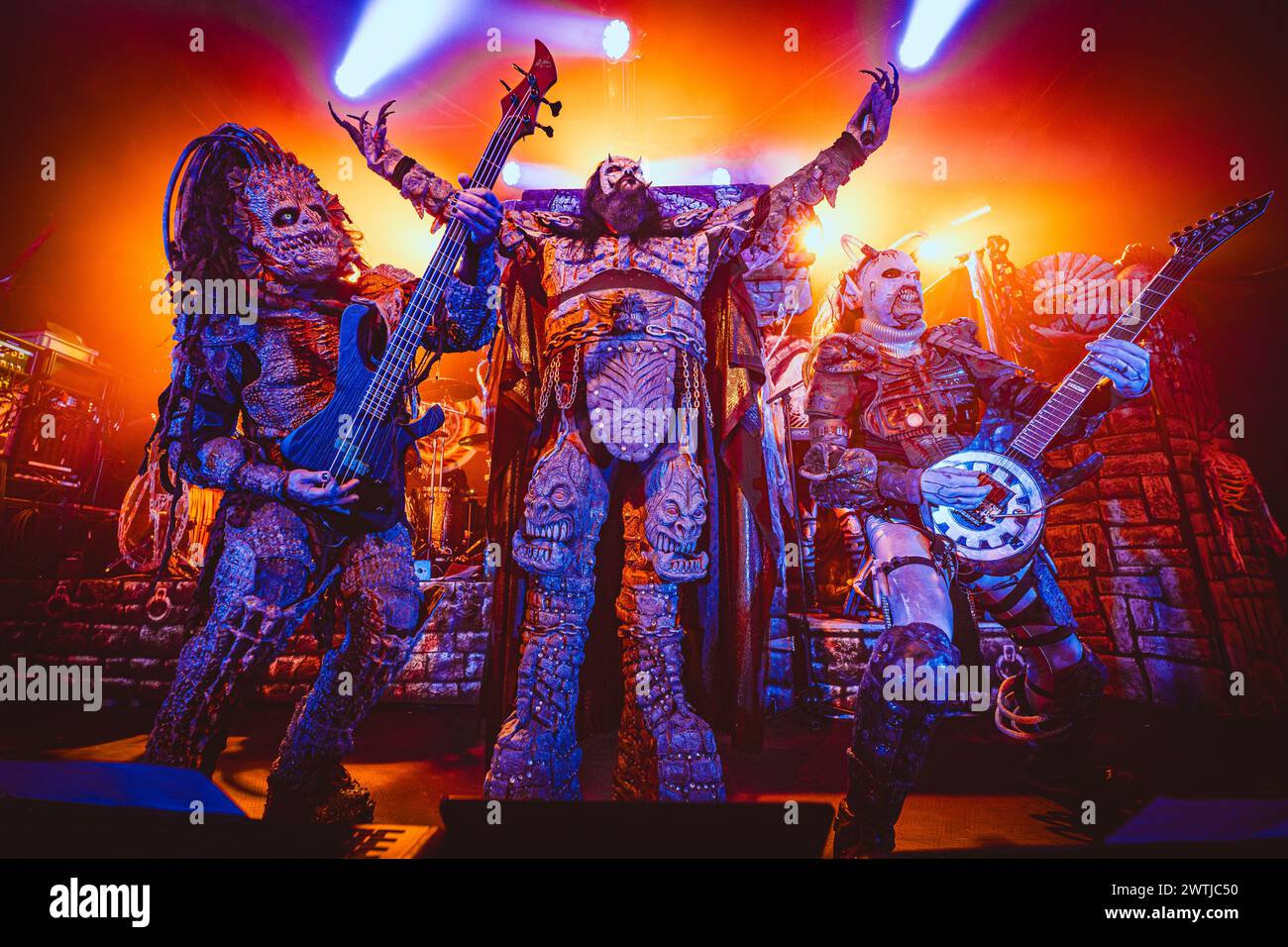 Copenhagen, Denmark. 17th Mar, 2024. The Finnish hard rock band Lordi performs a live concert at Pumpehuset in Copenhagen. Here vocalist Mr Lordi is seen live on stage with bass player Hiisi (L) and guitarist Kone (R). (Photo Credit: Gonzales Photo/Alamy Live News Stock Photo