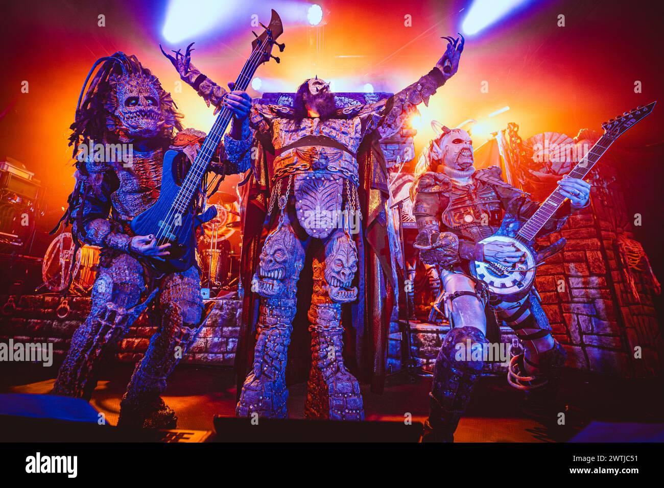 Copenhagen, Denmark. 17th Mar, 2024. The Finnish hard rock band Lordi performs a live concert at Pumpehuset in Copenhagen. Here vocalist Mr Lordi is seen live on stage with bass player Hiisi (L) and guitarist Kone (R). (Photo Credit: Gonzales Photo/Alamy Live News Stock Photo