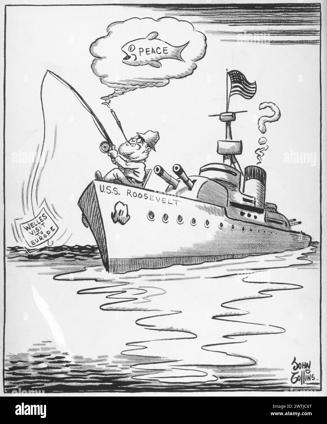 Cartoon - Mr. Roosevelt Goes Fishing. John Collins (1917-2007) Stock Photo
