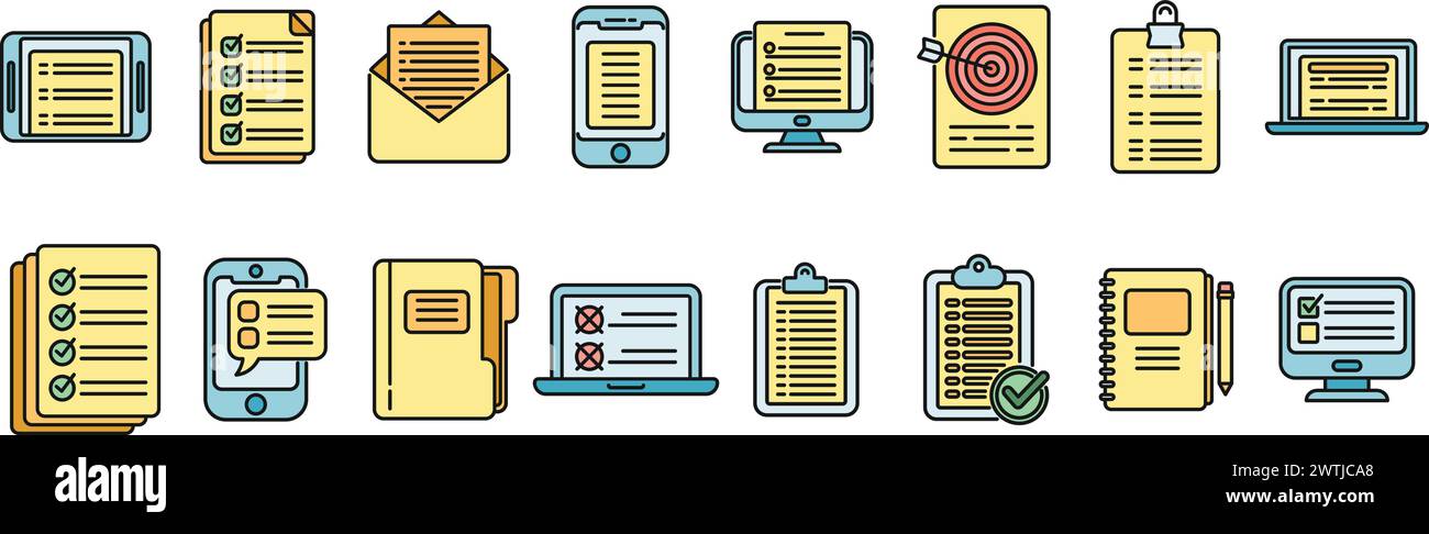 Assignment icons set outline vector. Fast exam. Business agenda thin line color flat isolated Stock Vector
