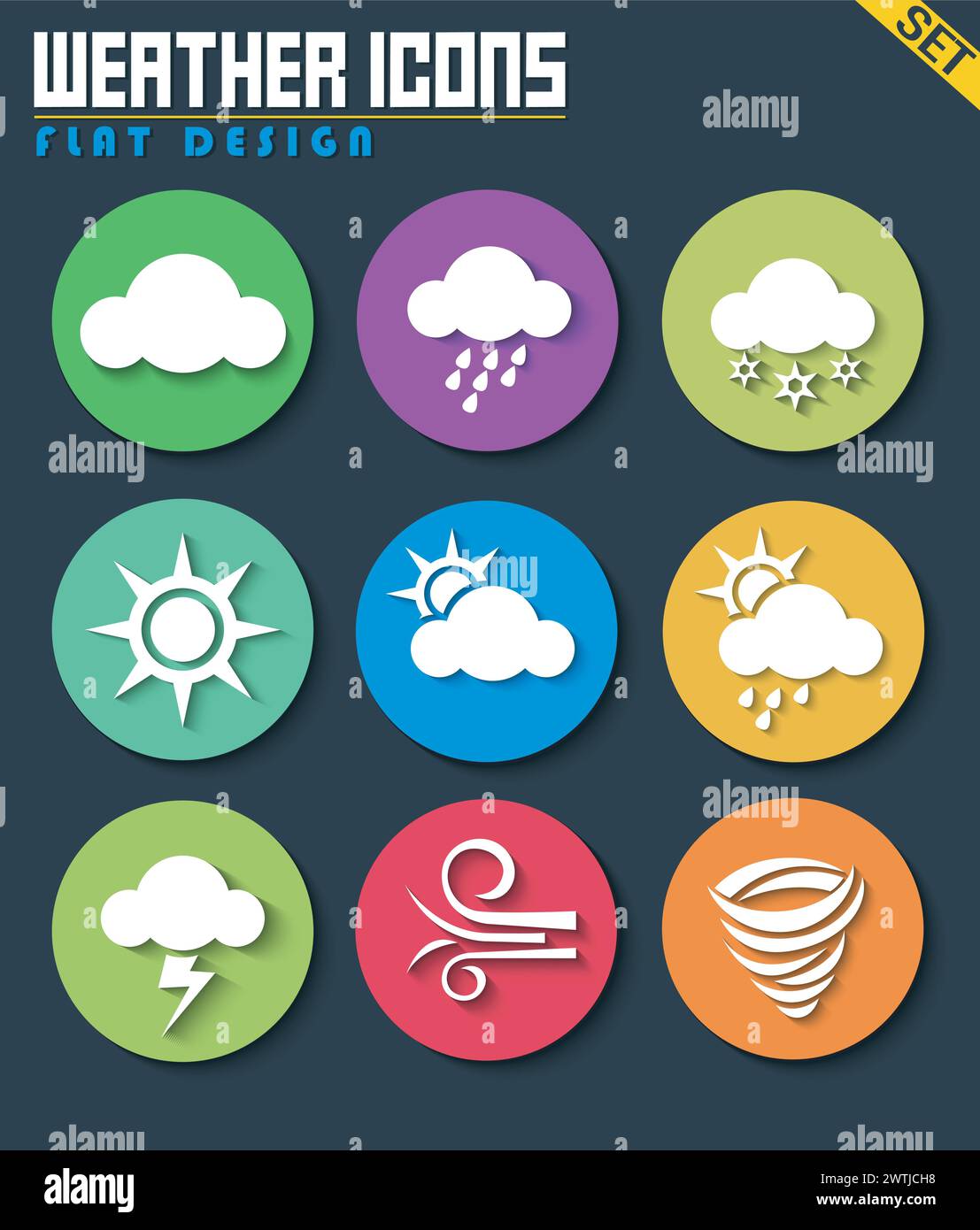 Weather Icons Set Flat Design, Vector Illustration Stock Vector