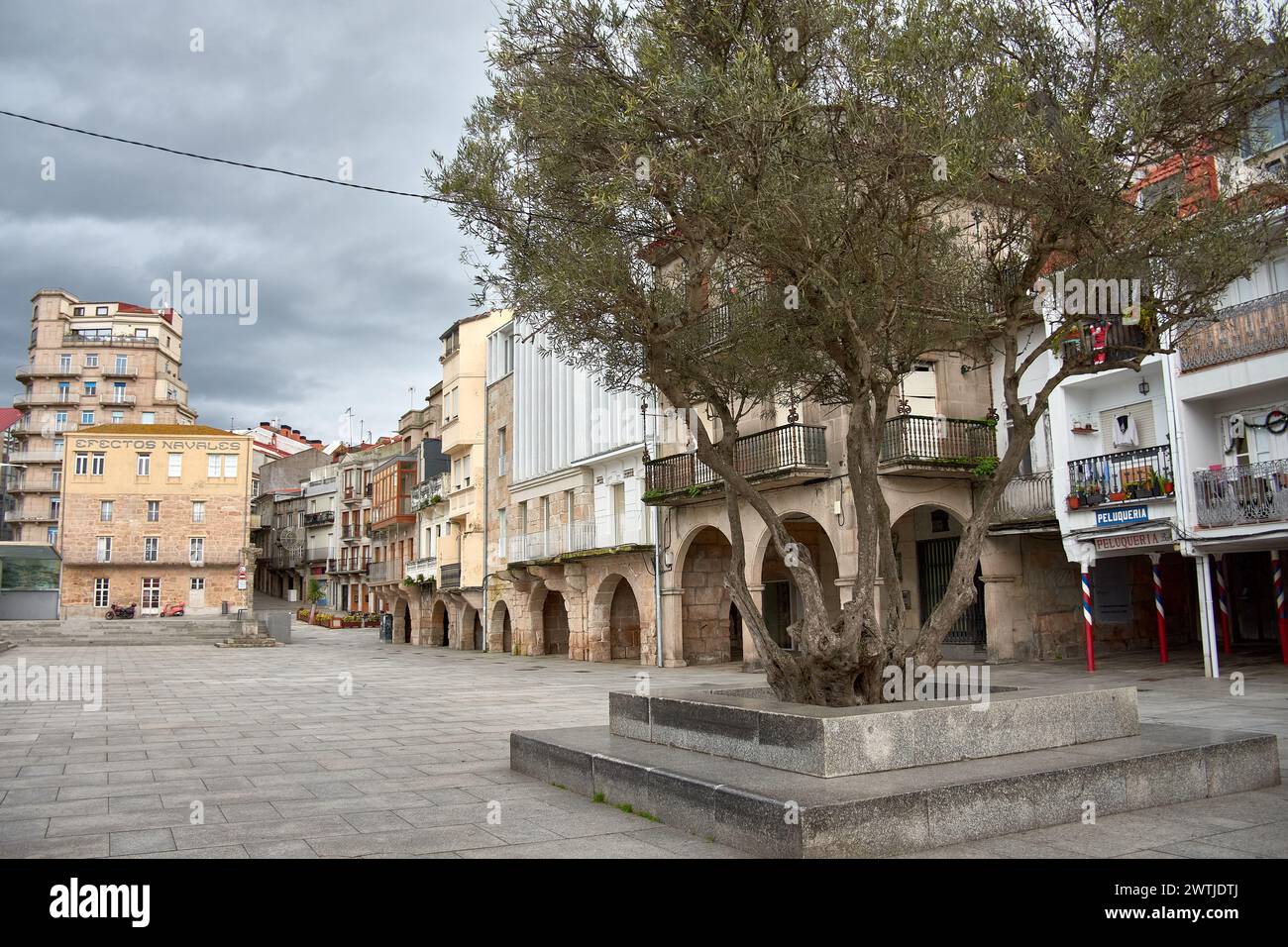 Plaza do Berbes in the historic center of Vigo on a cloudy day without people Stock Photo