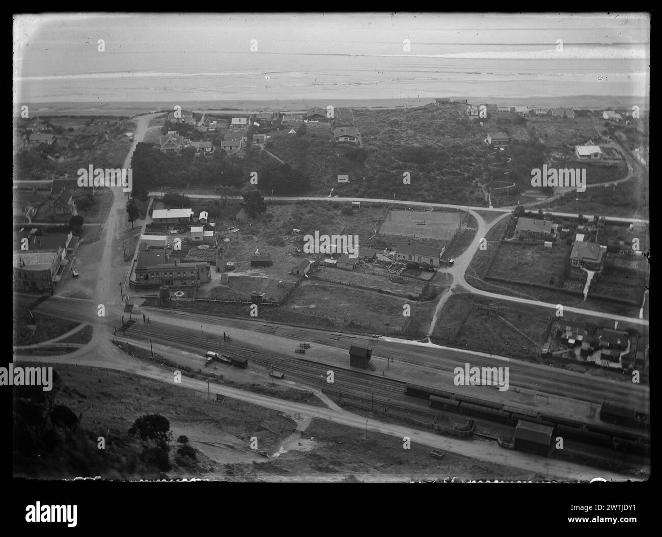 Paekakariki - January 1924 black-and-white negatives, aerial photographs, aerial views, gelatin dry plate negatives Stock Photo