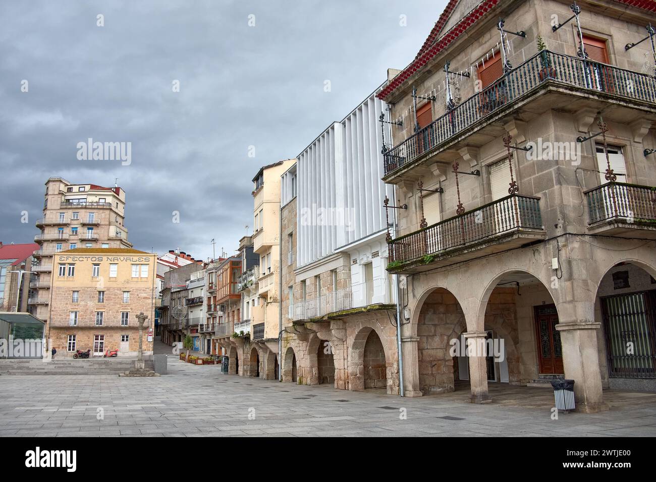 Plaza do Berbes in the historic center of Vigo on a cloudy day without people Stock Photo
