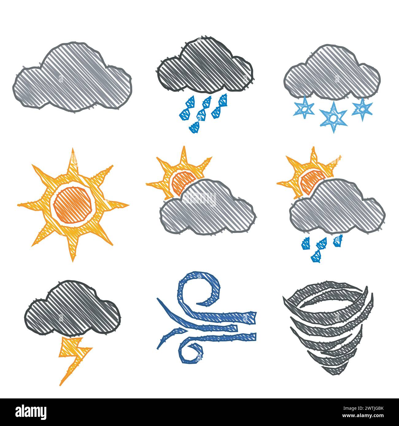 Weather Icon Pen Shading Effect Sets, Vector Illustration Stock Vector