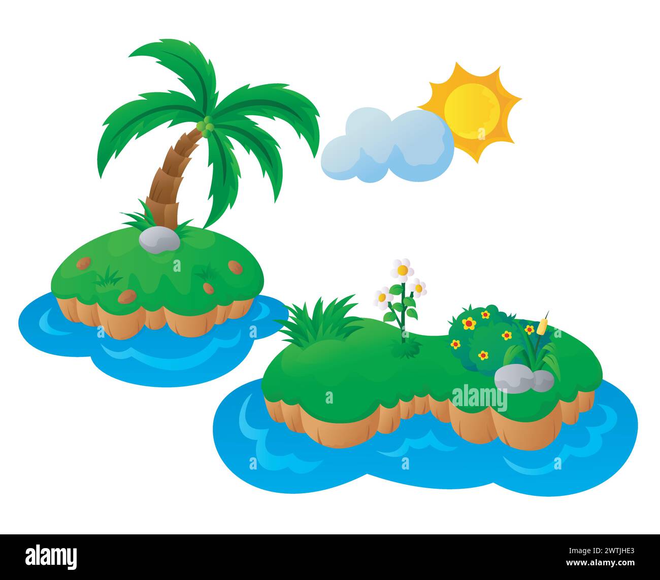 Coconut Tree and Some Flowers in Two Small Islands, Vector Illustration Stock Vector