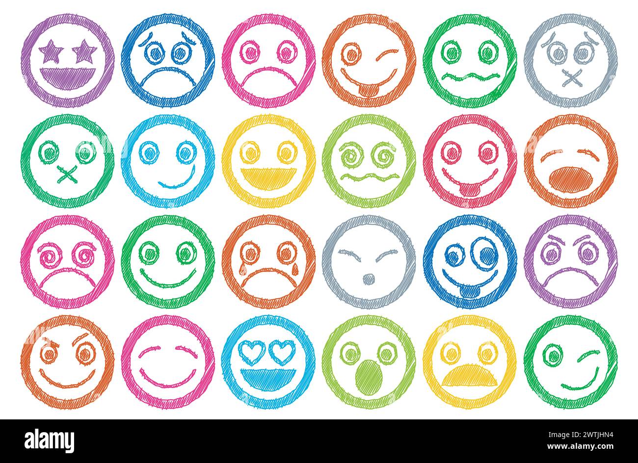 Smiley Icons Colored Pen Shading Effect Set, Vector Illustration Stock ...