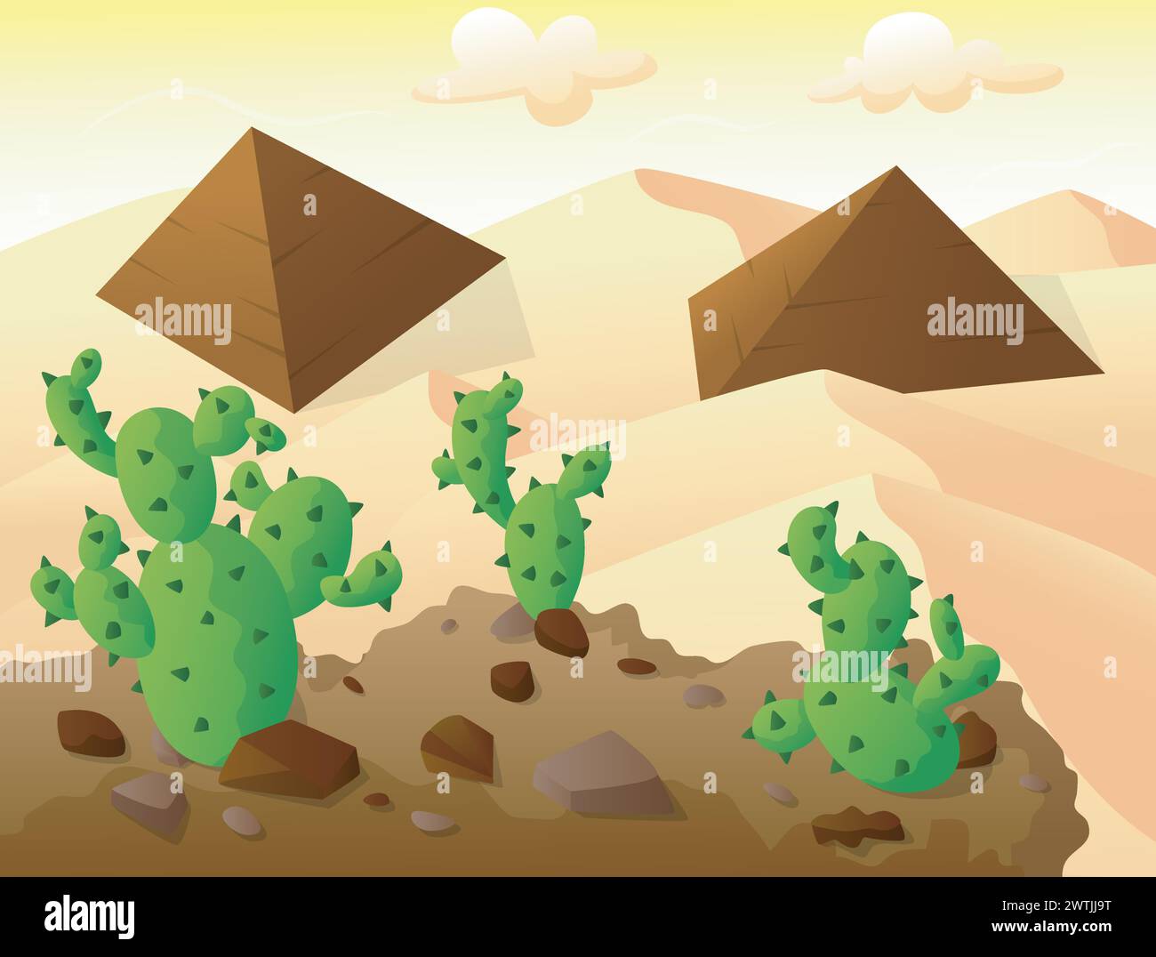 Cactus on Top of A Hill, with Two Pyramids in Sand Desert, Vector Illustration Stock Vector