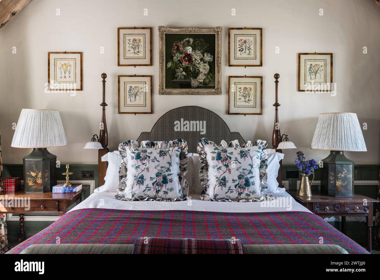 Botanic prints and floral cushions in luxury hotel in Ardfin on the Isle of Jura, Inner Hebrides, Scotland, UK Stock Photo