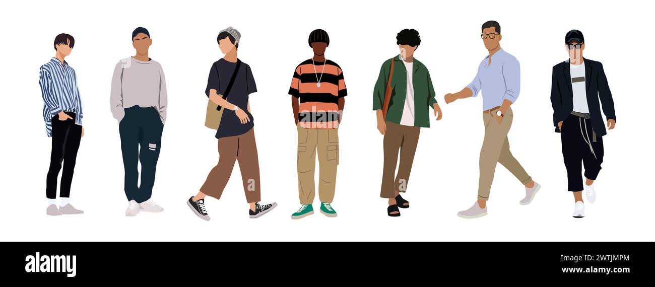 Set of Street fashion men vector illustrations. Stock Vector
