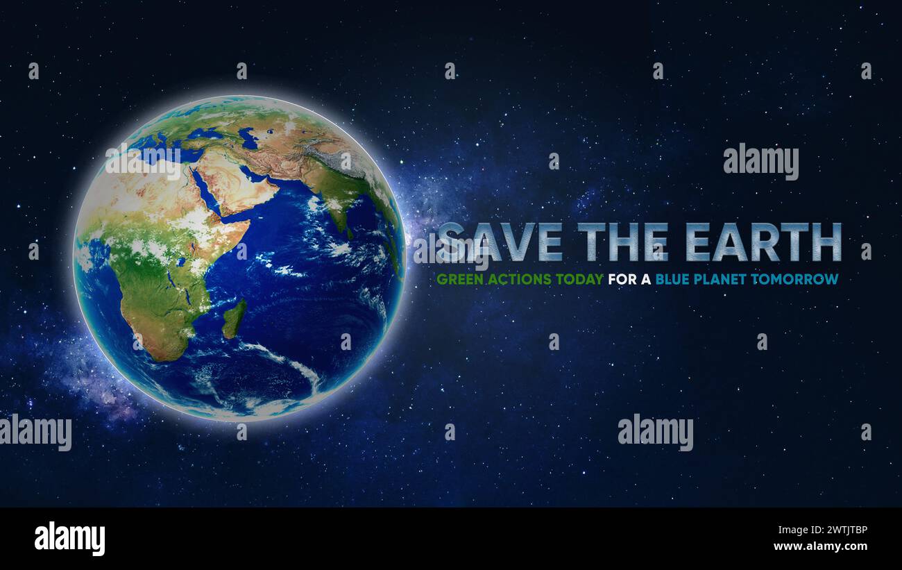 Save the earth campaign banner advertisement. Planet Earth in outer space. Turn off your lights. Climate change and to save Earth. Stock Photo