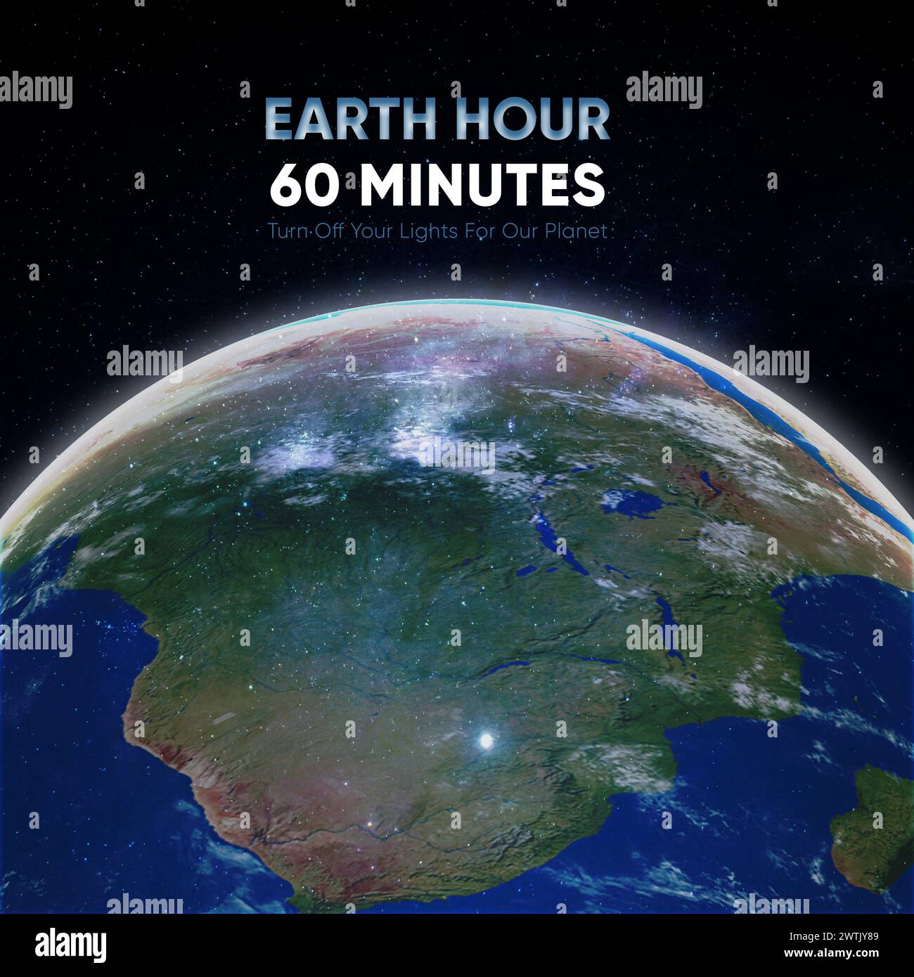 Earth Hour 60 minutes poster campaign. Planet Earth in outer space. Turn off your lights. Climate change and to save Earth. Stock Photo