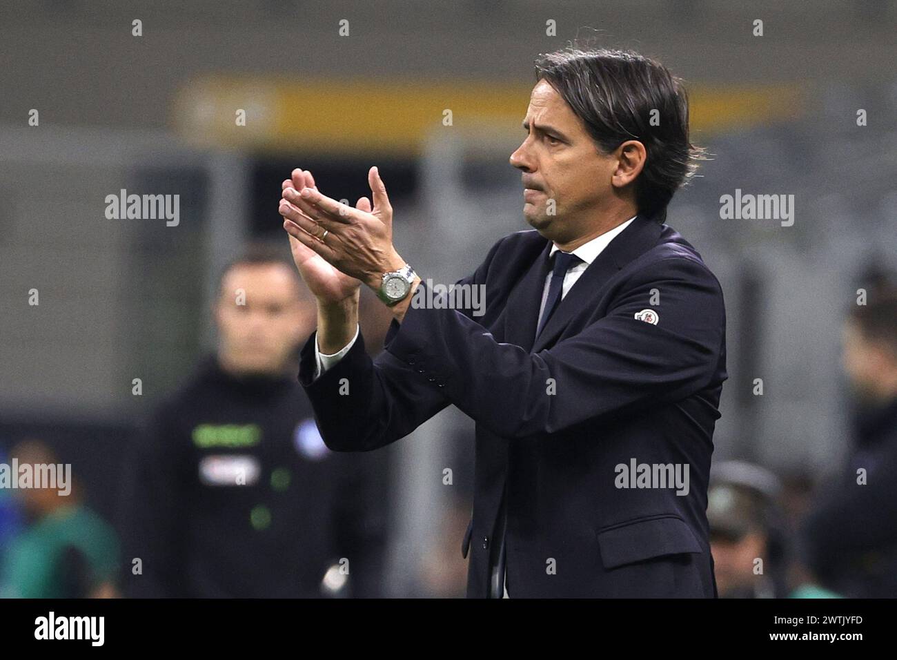 Simone Inzaghi coach of Inter reacts  during Serie A soccer match Inter FC SSC Napoli -  Stadio Meazza  on February 17, 2024 in Milan , Italy. Stock Photo