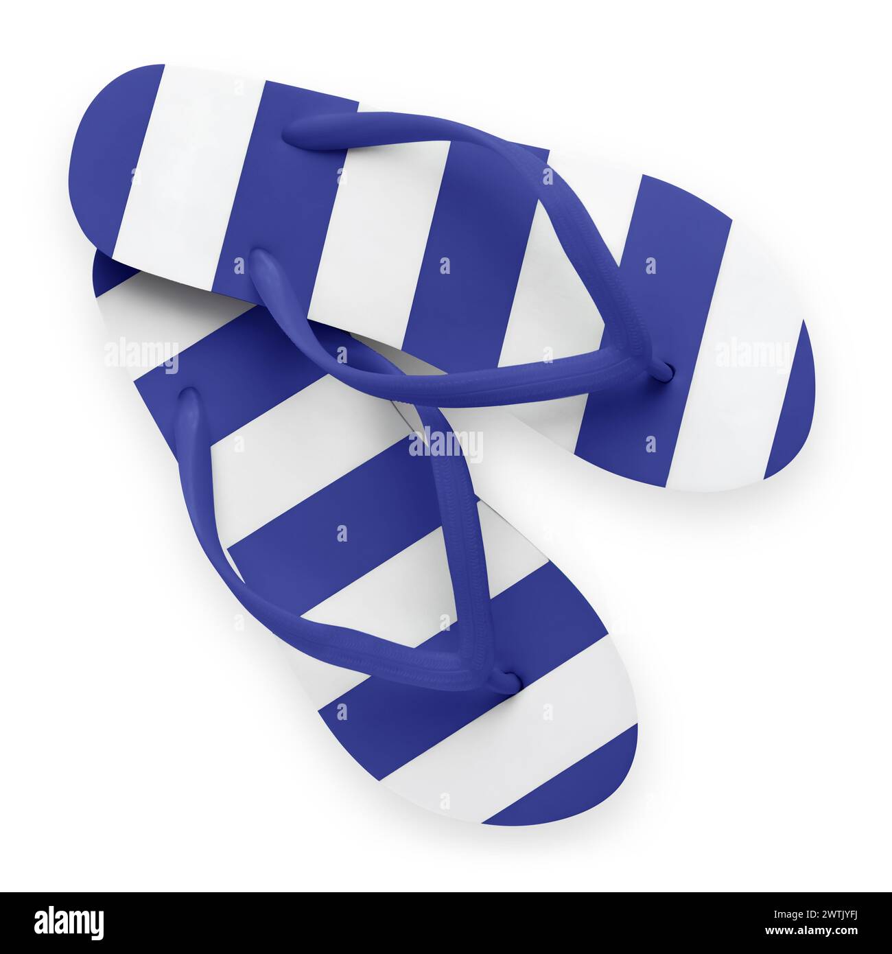 Top view of blue and white stripes beach flipflops, summer beach