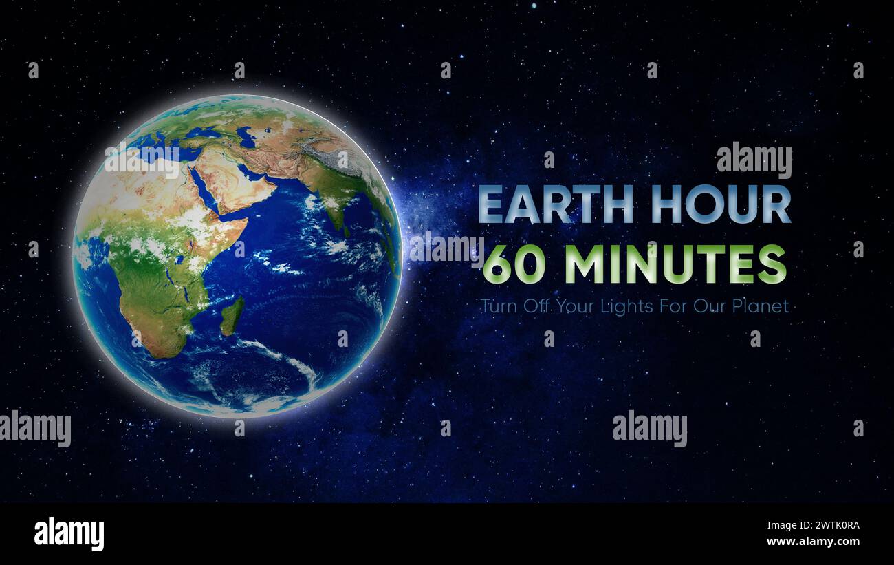 Earth hour banner campaign. Planet Earth in outer space. Turn off your lights. Climate change and to save Earth. Stock Photo