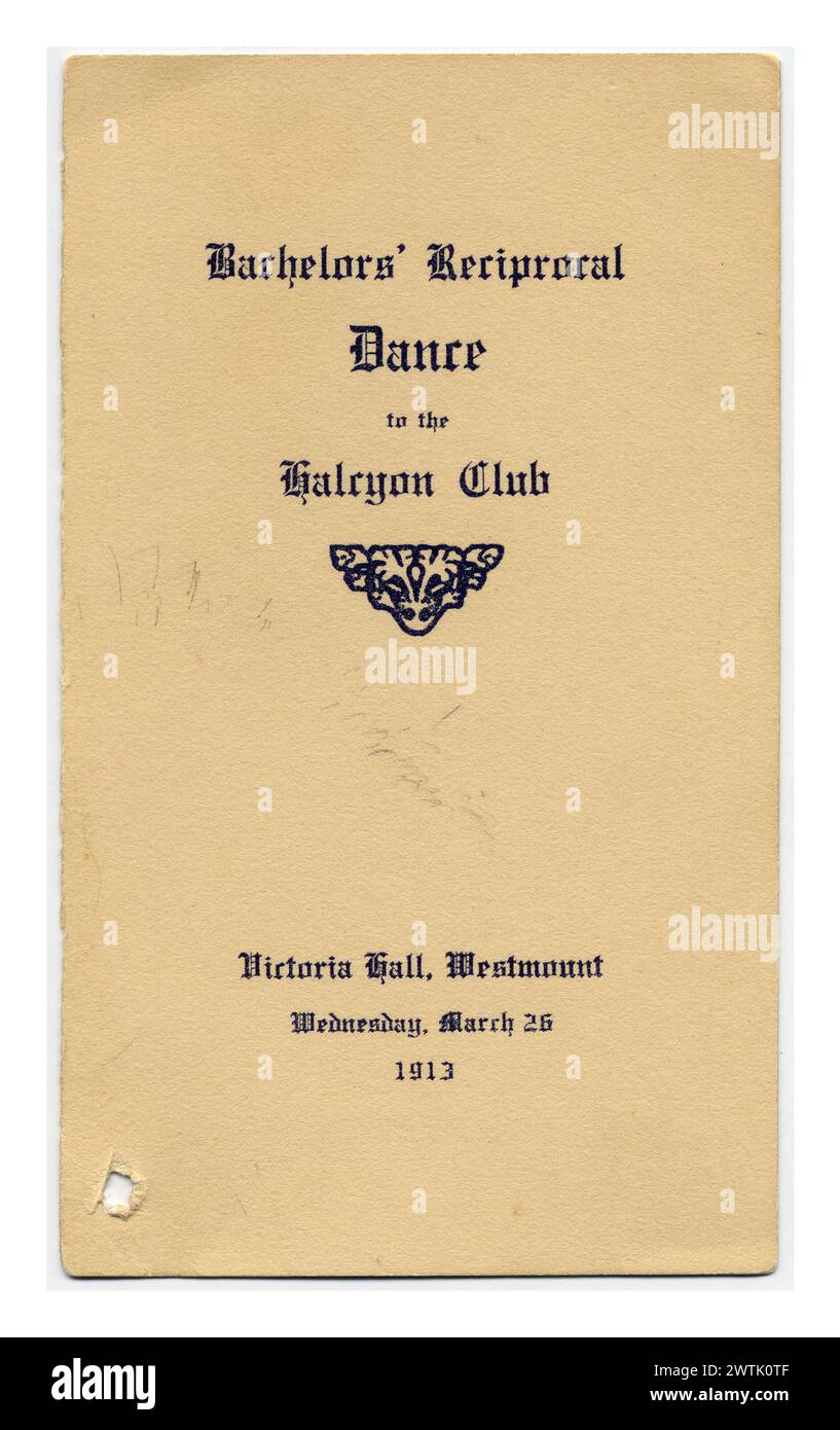 Dance card - Bachelor's Reciprocal Dance to the Halcyon Club. Victoria Hall, Westmount Stock Photo