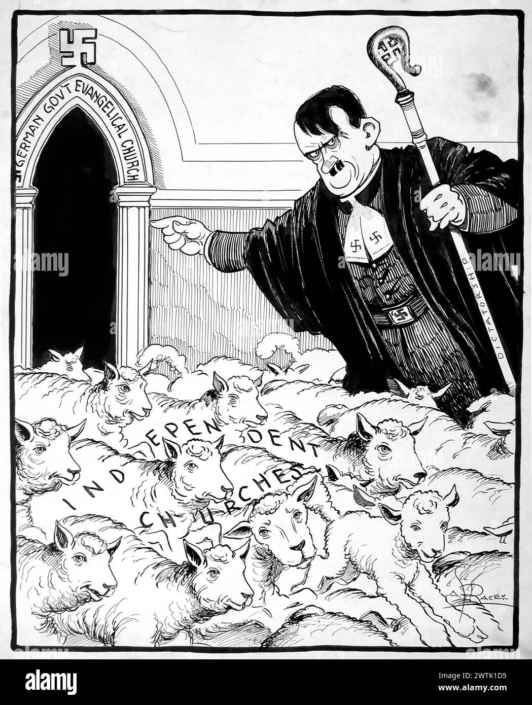 Cartoon - The Reichsbishop Tries to Forcibly Gather Them Into the Fold Arthur George Racey (1870-1941) Stock Photo